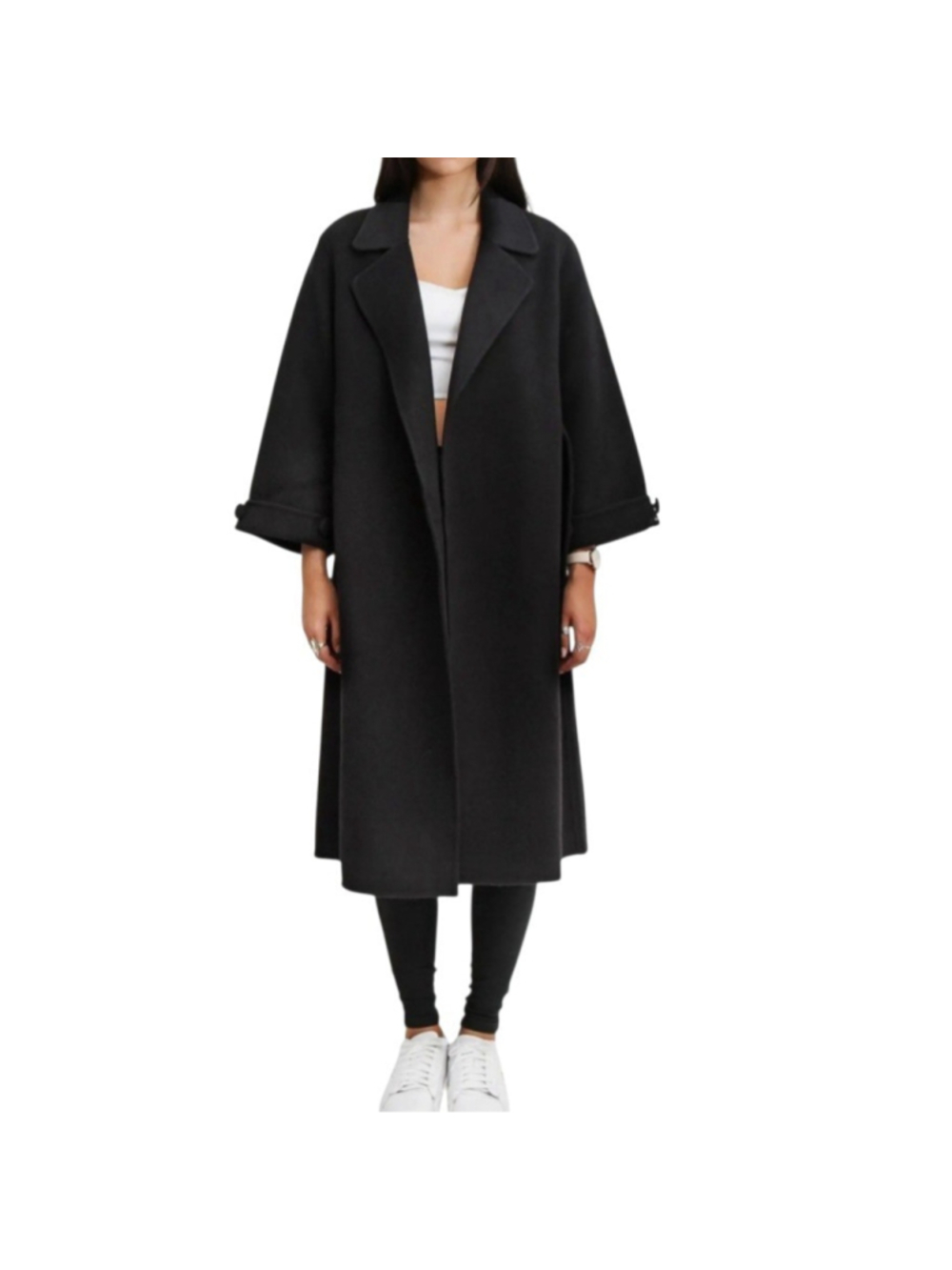 Belle Bloom Women Black Stay Wild Oversize 100% Wool Coat Cuffed Button NWT $349